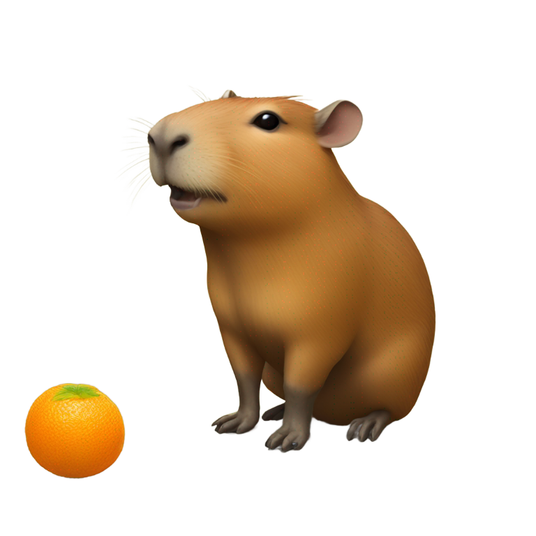 絵文字：Capybara with a single, uncut and unpeeled orange fruit resting on top of its head, full body shot