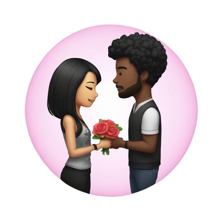 genmoji : Un homme noir avec une coupe high top fade et une femme coréenne aux longs cheveux noirs et tatouages de fleurs s'embrassant.