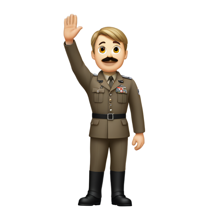 genmoji: Seig heil Hitler gesture salute. Arm is angled upwards and straight. Hand unbent Arm is stretching outwards. NOT a hello gesture. Man is in frame. Looking to the left with body angled to the left. Left hand resting at side. Man is in frame full body. Arm is NOT BENT ARM ISNT BENT