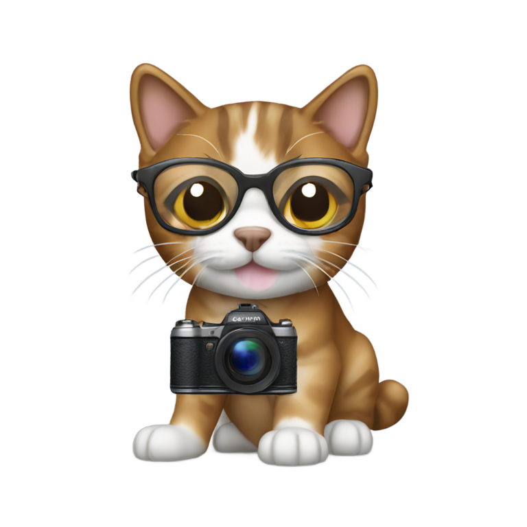 genmoji: A cat holding a profesional photography cam de dog has brown hair and glasses