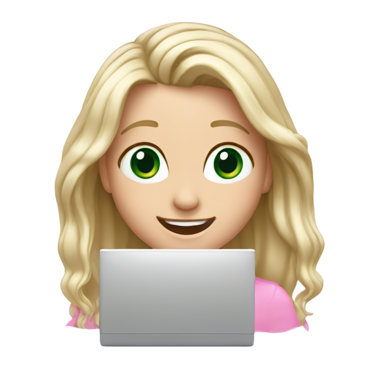 genmoji : Une fille blanche aux cheveux longs blond platine avec des mèches roses, riant devant un ordinateur. Yeux noisette verts.