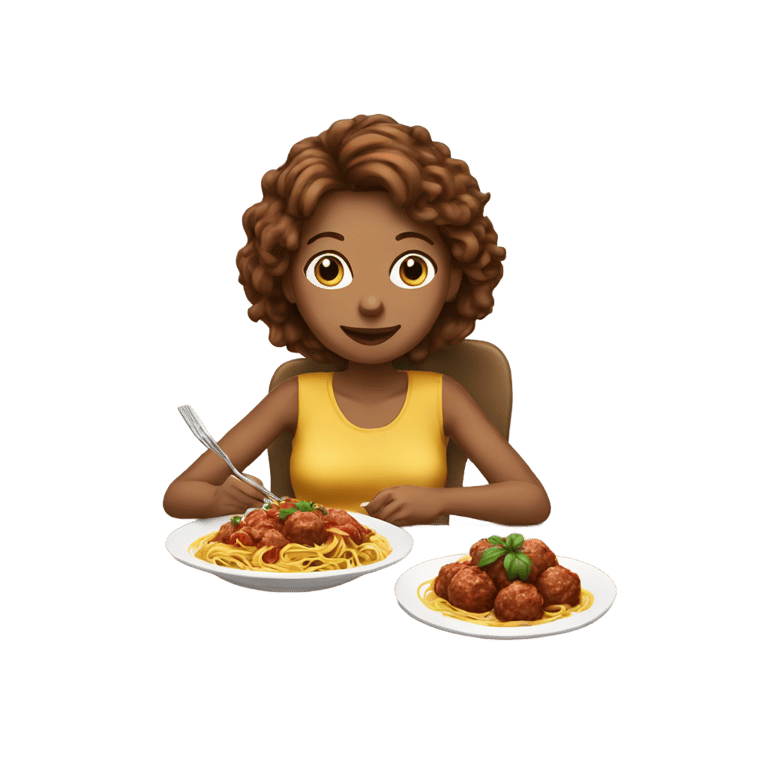 genmoji: brown hair woman eating spaghetti and meatballs sitting at a table