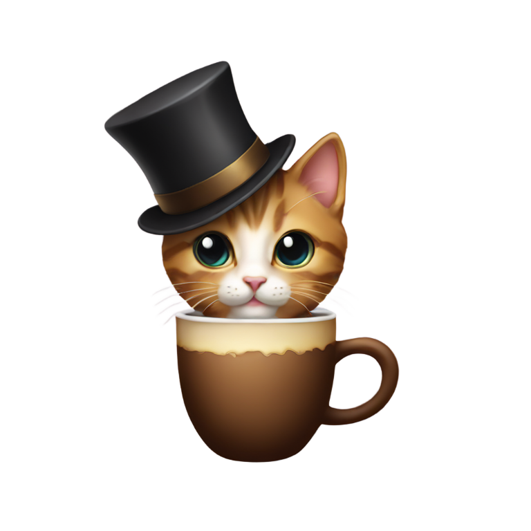 genmoji: kitten with a top hat and coffee