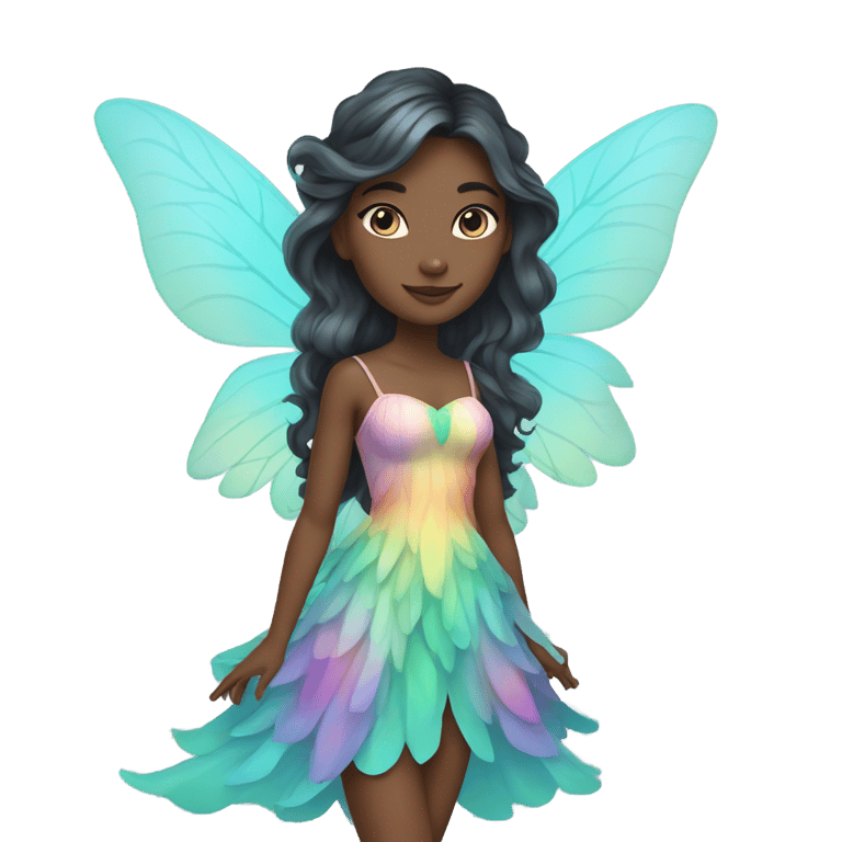 絵文字：A female fairy with a dark skin tone, long wavy brunette hair wearing a pastel rainbow dress and turquoise wings