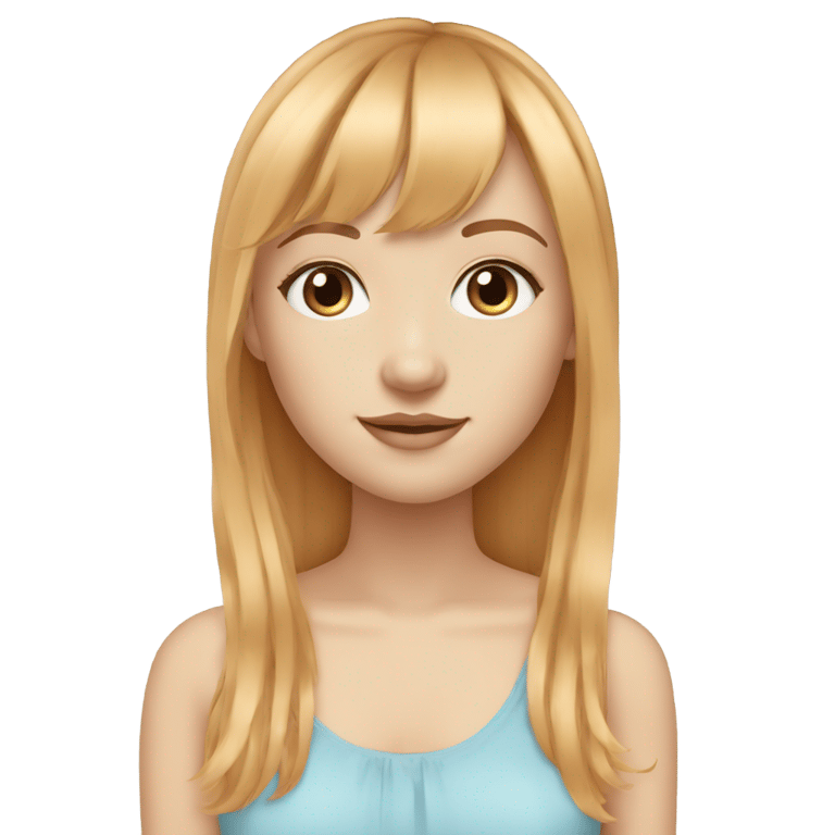 genmoji : Teenage girl with blue eyes and straight strawberry blond hair with a slight wave and curtain bangs and light skin