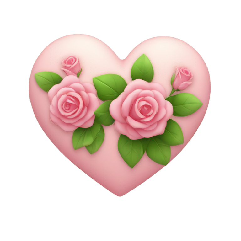 genmoji: red heart, iOS emoji,, small pink roses and green leaves attached to the heart, soft 3D shading, bright pastel colors, no background"