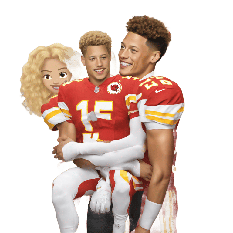 genmoji : Boy with blonde hair standing next to Patrick mahomes