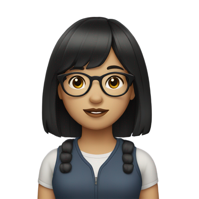genmoji : Fille à la peau claire avec des cheveux noirs et une frange. Elle a les yeux noirs et porte des lunettes.