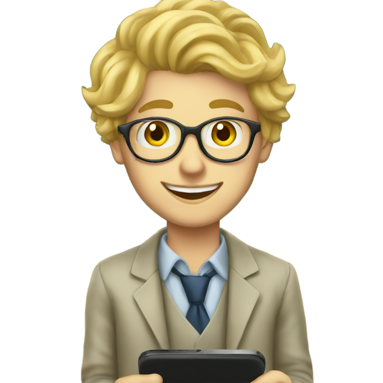 genmoji : Jeune professeur blond devant un tableau noir avec son iPhone