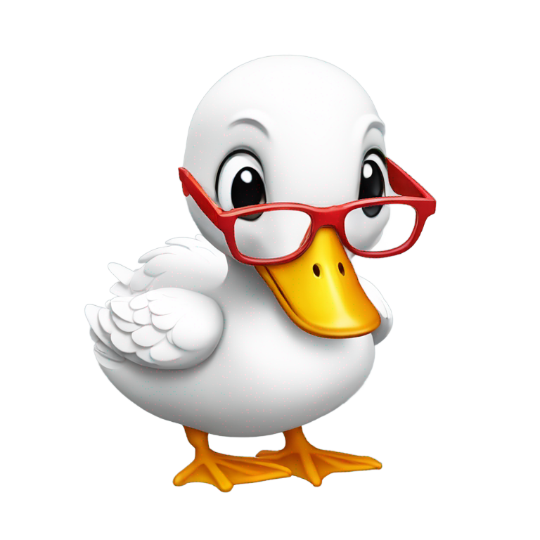 genmoji : Canard blanc atrophomé avec lunettes de lecture à monture rouge et mains en prière