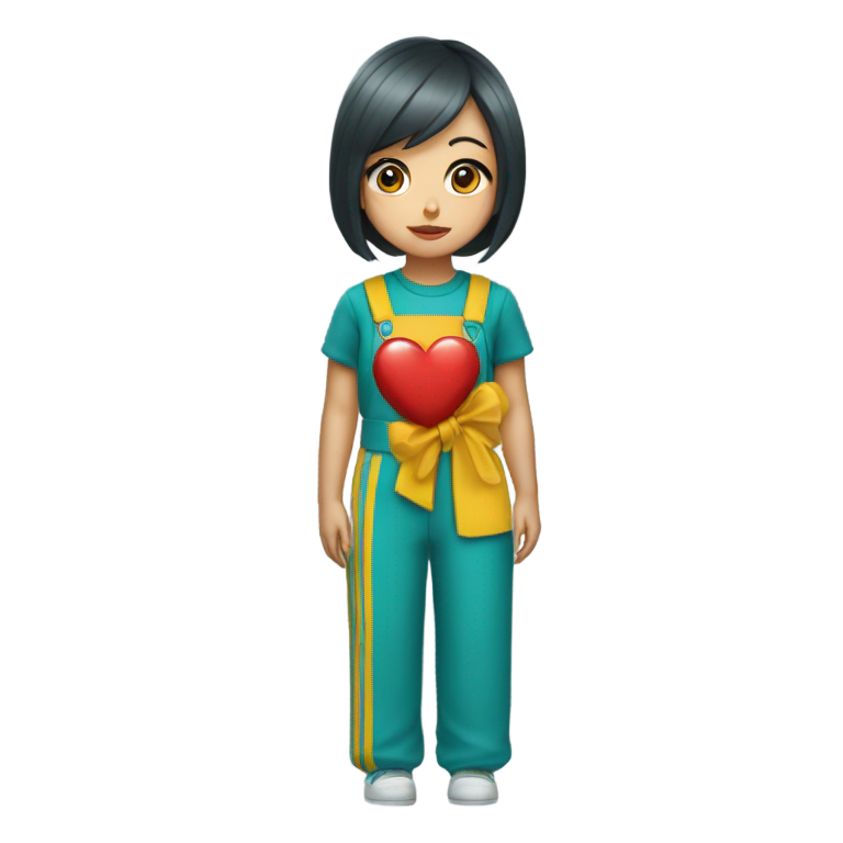 genmoji : Une fille portant une combinaison vert-gris, avec un carré contenant un cœur sur le côté gauche de sa poitrine et un fer à cheval rouge sur le côté droit. Elle a les cheveux noirs, semble triste, a le nez qui saigne et porte un chapeau de fête à rayures jaunes et rouges.