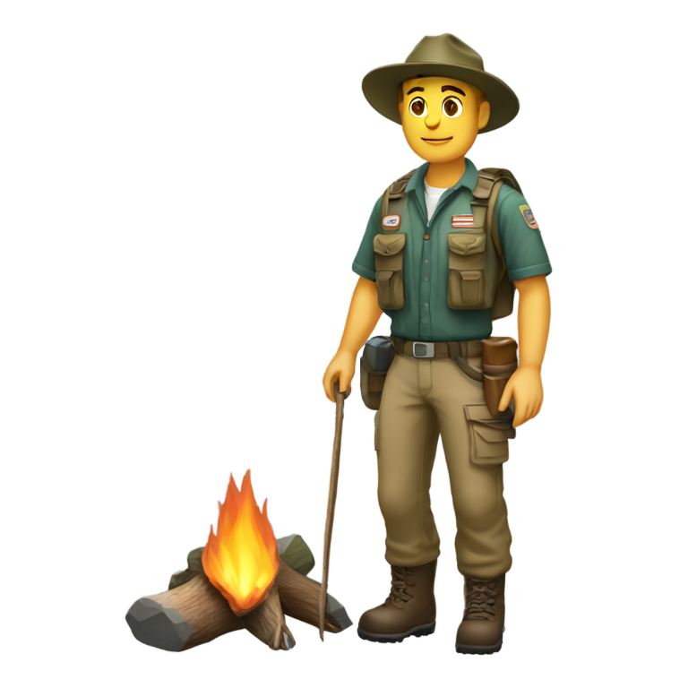 genmoji : Un garde forestier de 42 ans dans sa tenue de camping professionnelle, en pied.