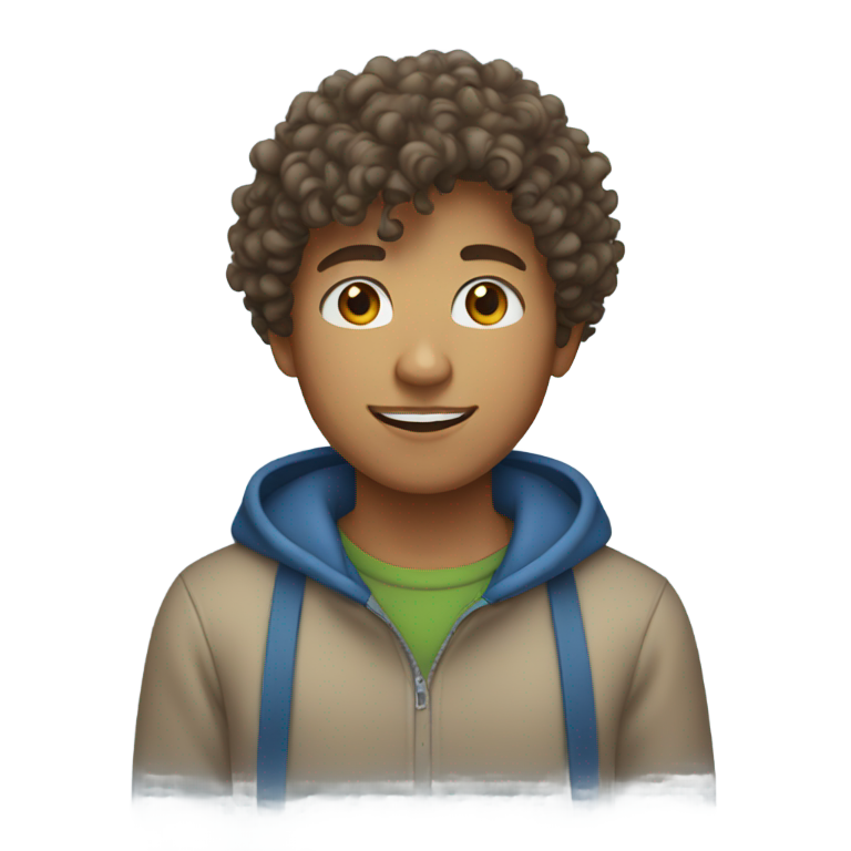 genmoji : Un garçon de 14 ans bronzé aux cheveux bouclés portant un pull bleu.