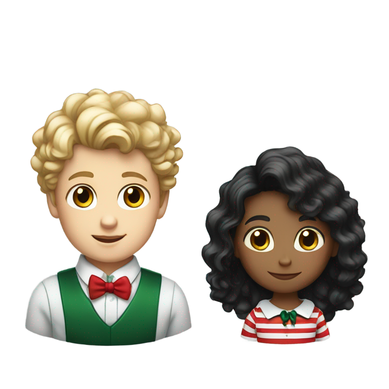 genmoji：两个孩子，一个是白人，有一头巨大的金色卷发，穿着绿色和深绿色条纹衬衫；另一个是黑人，黑色直发，穿着带红色领结的白衬衫。