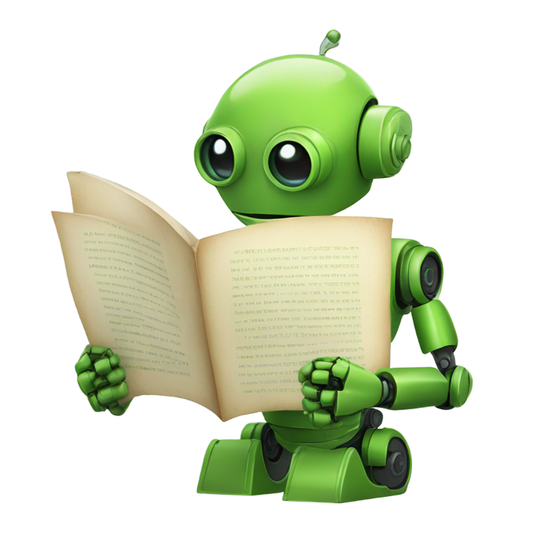 genmoji：一只可爱的绿色机器人在阅读卷轴