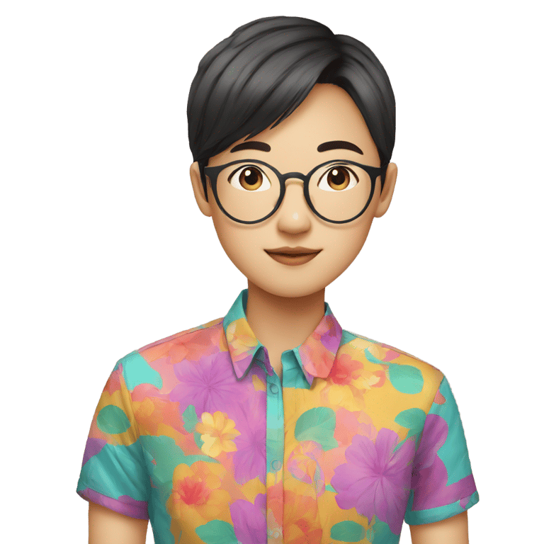 genmoji：亚洲女孩，男孩发型，戴眼镜，穿着色彩鲜艳的衬衫