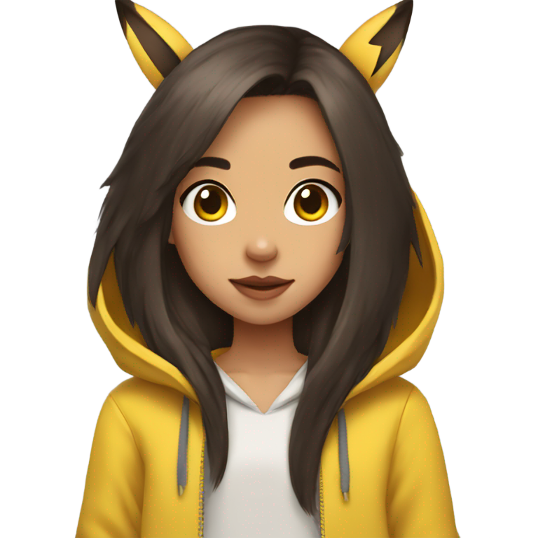 genmoji：一个有着长长的深棕色狼剪发和兔牙、深棕色眼睛的女孩，穿着皮卡丘连帽衫。