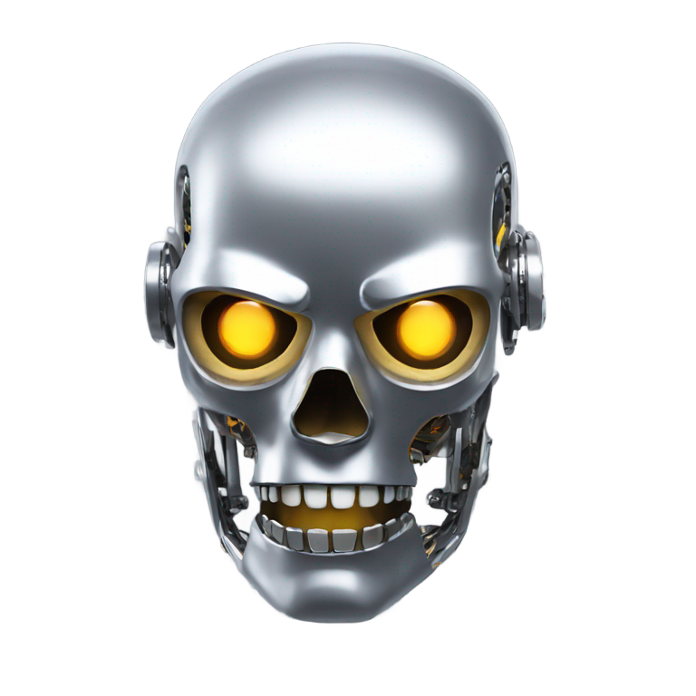 genmoji：机器人骷髅表情，眼睛发光，银色面孔，未来感3D。
