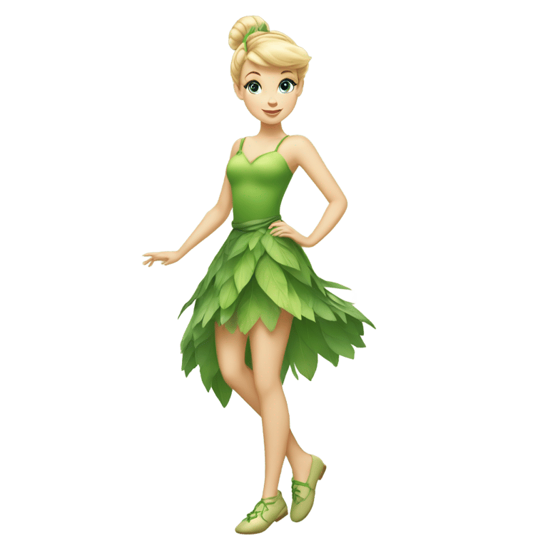 genmoji: Tinker Bell is a short fairy with light skin tone,blue eyes and blonde hair tied up in an elegant bun. She wears a green dress made of leaves. She always has a cotton ball in each of her green shoes