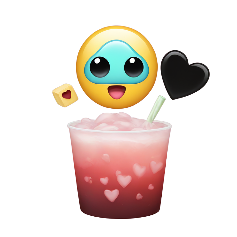genmoji : Émoji yeux cœur avec des cœurs noirs et un Boba à la main