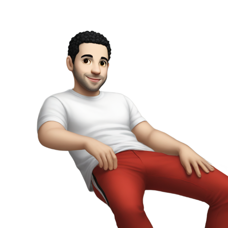 genmoji : Samm Levine portant une chemise blanche, un short rouge et des chaussures noires, assis sur le canapé.