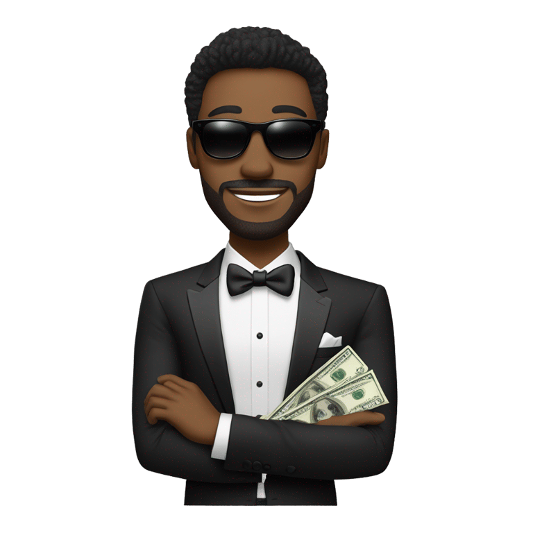 genmoji : Image d'un homme confiant en smoking noir élégant avec une chemise blanche impeccable. Le smoking est parfaitement ajusté, affichant un look sophistiqué. Il porte des lunettes de soleil noires stylées, dégageant une vibe cool et tendance. Dans une main, il tient...