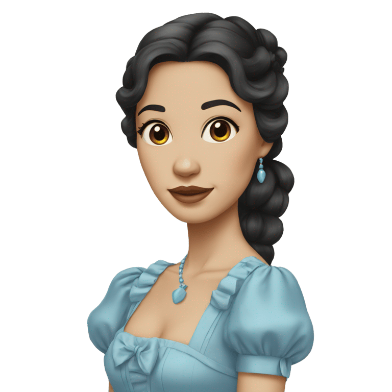 genmoji：一位皮肤中等偏淡的女性，黑发盘在头上系着蓝色蝴蝶结，身穿一件淡蓝色复古罗可绘风格的连衣裙。