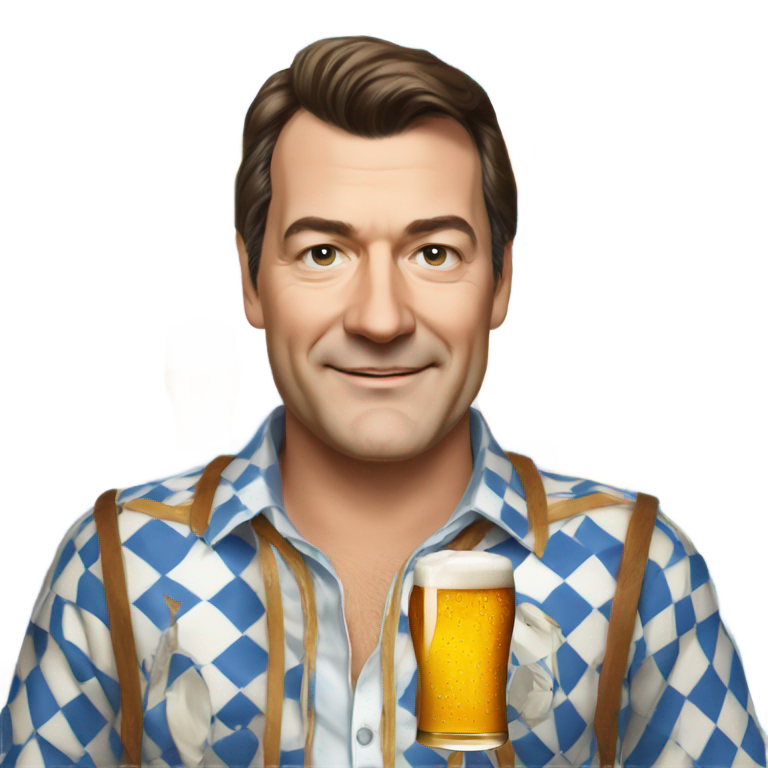 genmoji : Markus Söder en chemise bavaroise à carreaux bleu et blanc, avec une bière à côté