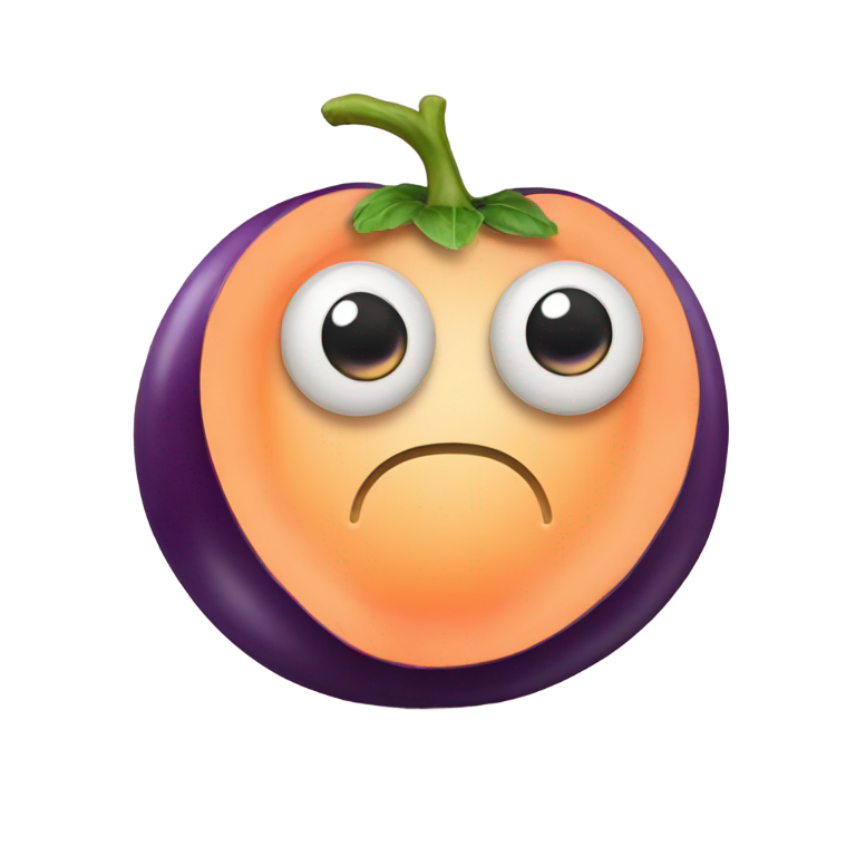 genmoji: Eggplant with eyes looking at a peach