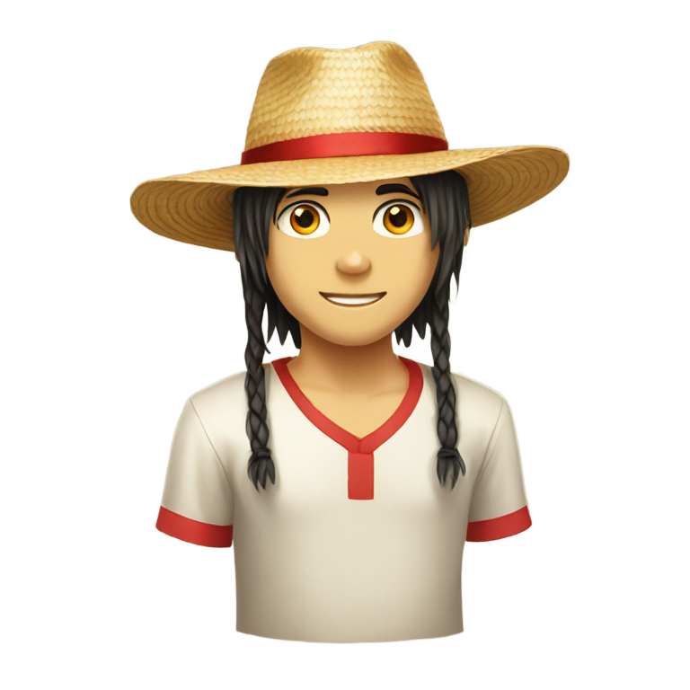 genmoji：带红绳的草帽，直发男孩，浅山羊胡，黑眼睛和黑发。