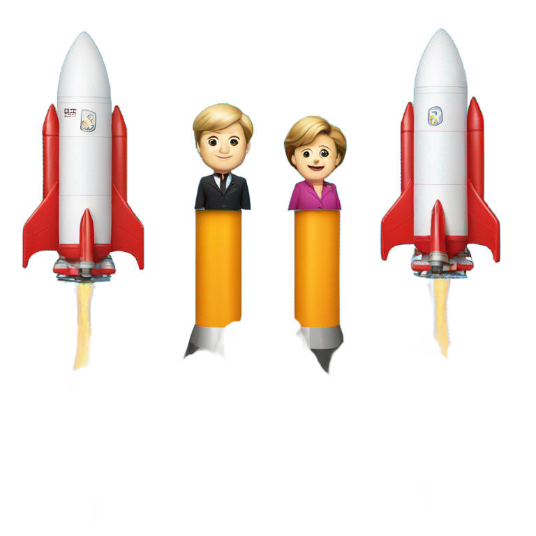 genmoji : Angela Merkel en tailleur assise sur une grande fusée de lancement inclinée