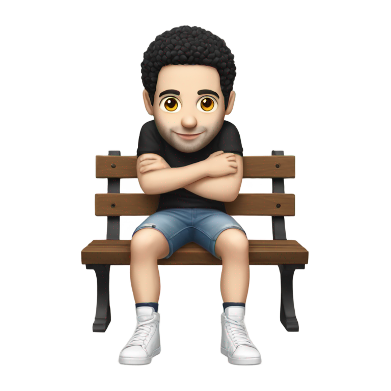 genmoji：萨姆·莱文穿着短裤坐在长凳上