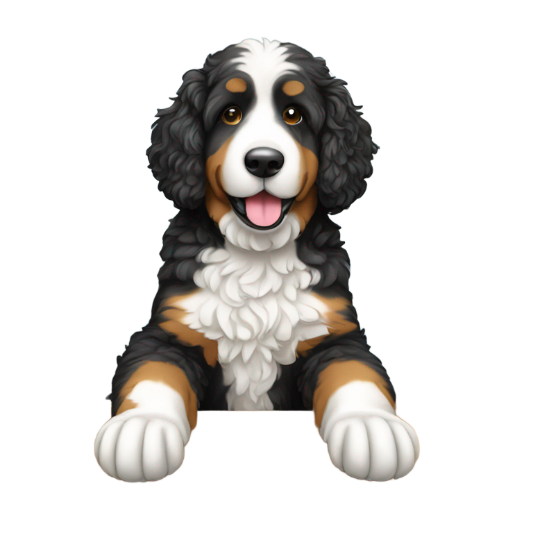 genmoji : Créez un bernedoodle assis sur un bureau d'école.