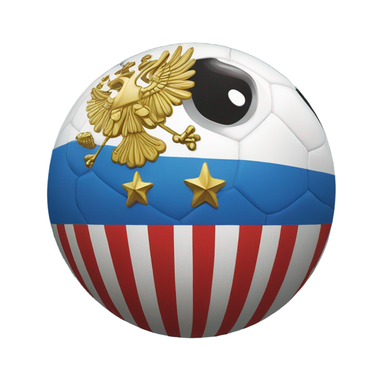 genmoji：卡通球，带有旧俄罗斯帝国旗（金色底黑双头鹰，白蓝红条纹），两个白色眼睛，位于草地上空，有云的天空和小建筑。