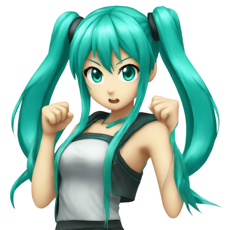 genmoji：初音未来的愤怒表情，握拳，两个双马尾，青绿色头发，蓝绿色头发，初音未来。