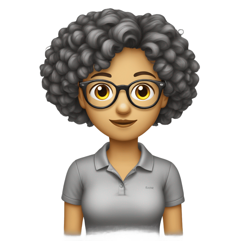 絵文字：uma menina de cabelo escuro, oculos de leitura redondos, usando uma camiseta polo cinza claro