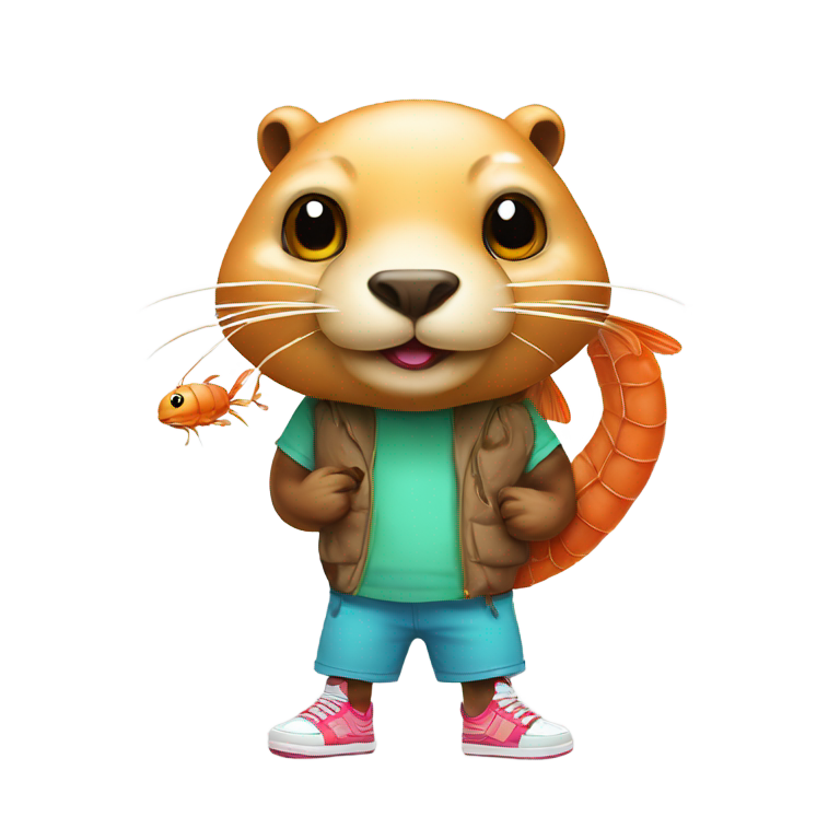 genmoji: Funny hybrid animal with a beaver head and shrimp body, wearing sneakers, detailed cartoon style, bright and surreal look."