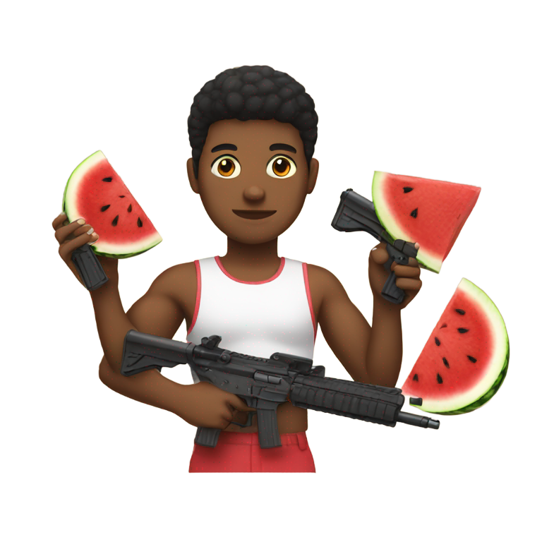 genmoji : Plusieurs personnes noires mangeant du poulet et de la pastèque entourées d'armes à feu.