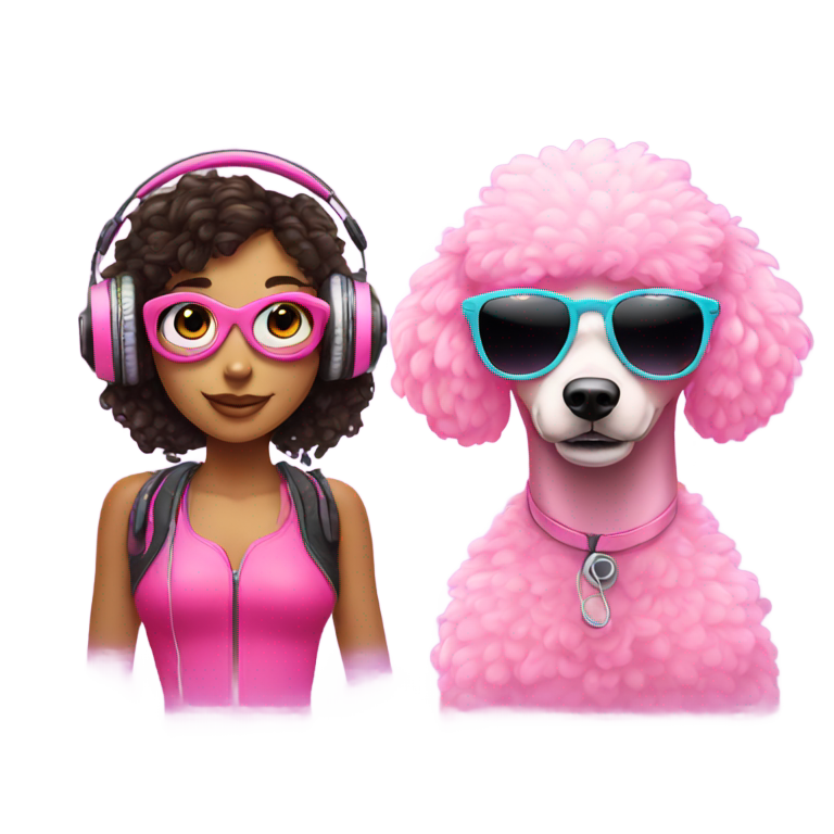 genmoji : DJ fille avec casque à côté du caniche rose DJ avec casque