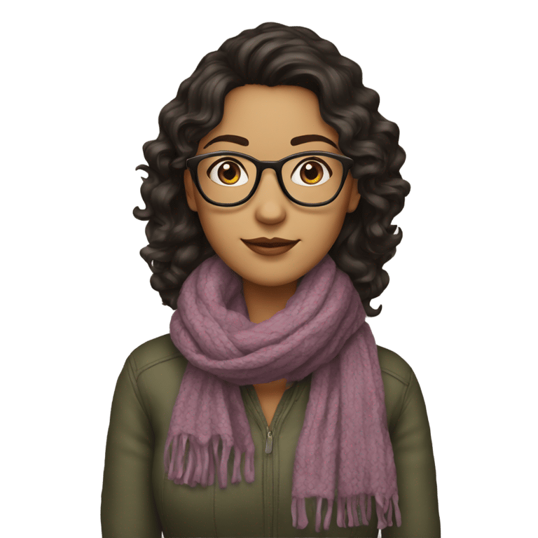 絵文字：A woman with very dark brown hair that is wavy and long, olive skin, glasses, and scarf