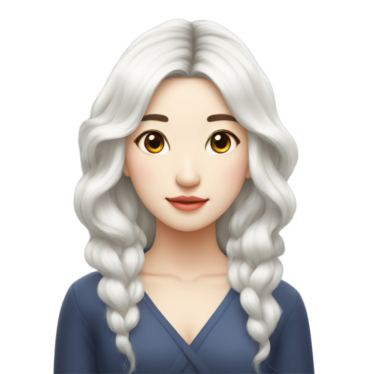genmoji: A youthful pranic taiwanese lady with cascading hair dyed white as snow