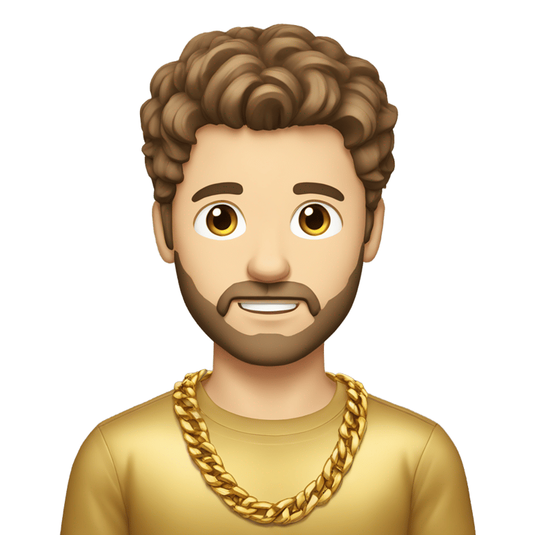 genmoji：白人男性，棕色头发，棕色眼睛，金色衬衫，多条金链，金手环，微须