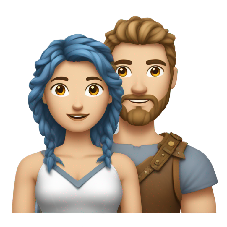 genmoji : Un couple de vikings : la femme a des cheveux châtains courts en brosse et des yeux bleus, l'homme a des cheveux châtains courts et des yeux bleus.