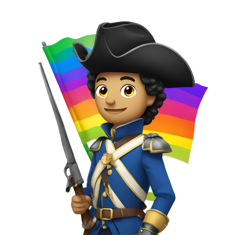 genmoji : Mousquetaire tenant un mousquet et un drapeau de la fierté gay