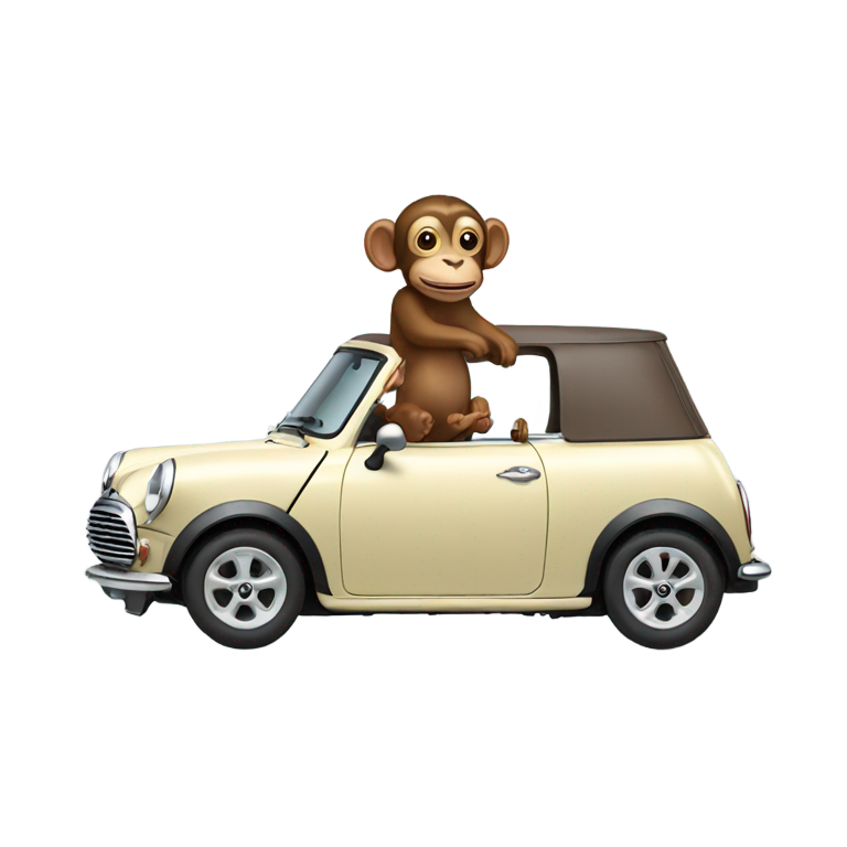 genmoji：一只猴子开着迷你库珀，带着一只达克斯猎犬。