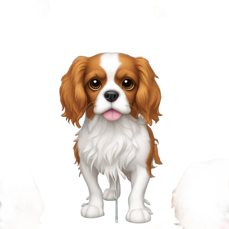 genmoji: Cavalier king charles spaniel qui marche dans une flaque d'eau, avec des bottes de pluie jaunes