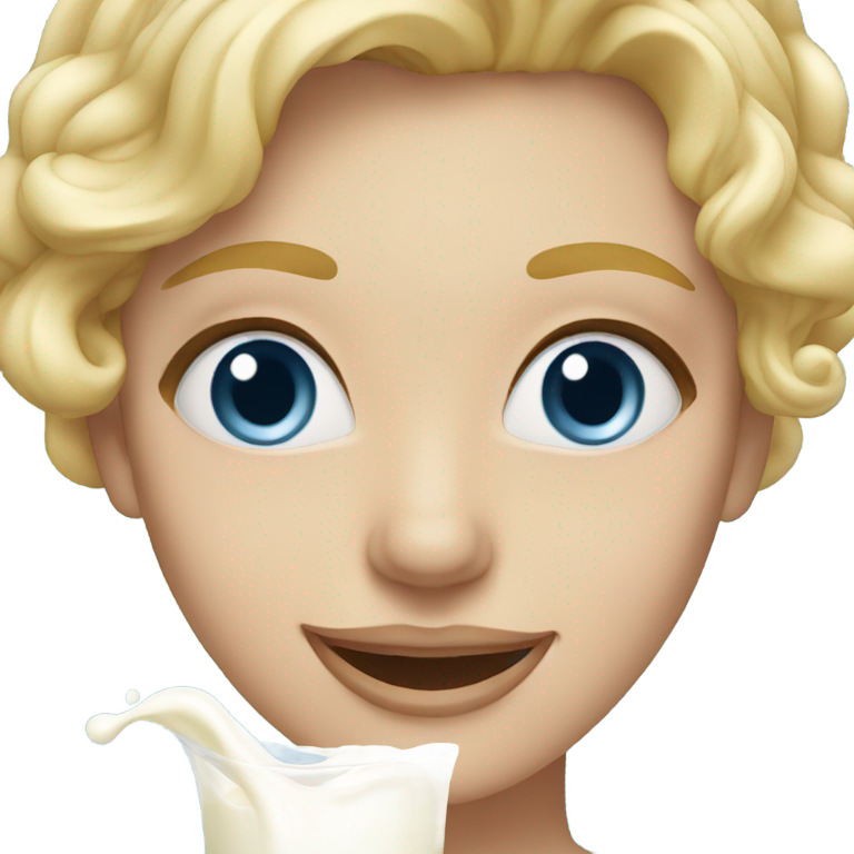 genmoji : Blonde woman with blue eyes smiling with milk spilled on her face