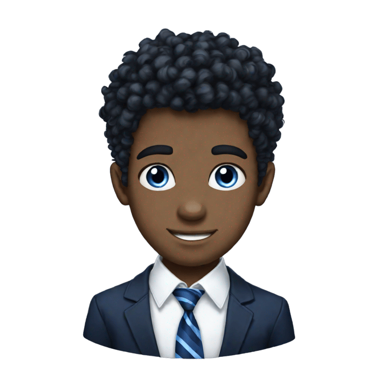 genmoji : Ado britannique aux yeux bleus et cheveux noirs, portant une cravate à rayures bleues, une chemise blanche et un blazer noir avec un "T" bleu marine sur la poche, cheveux bouclés et volumineux, grandes oreilles et sourcils broussailleux.
