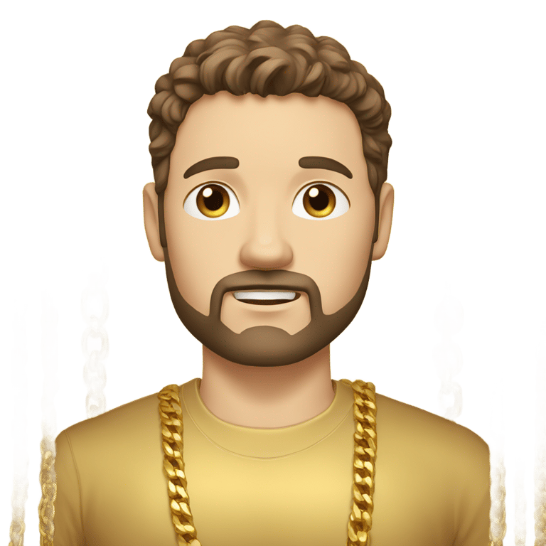 genmoji：白人男性，棕色头发，棕色眼睛，金色衬衫，多条金链，金手环，微须