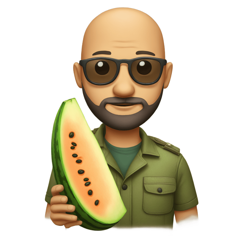 genmoji : Bald man with beard and aviator glasses holding melon